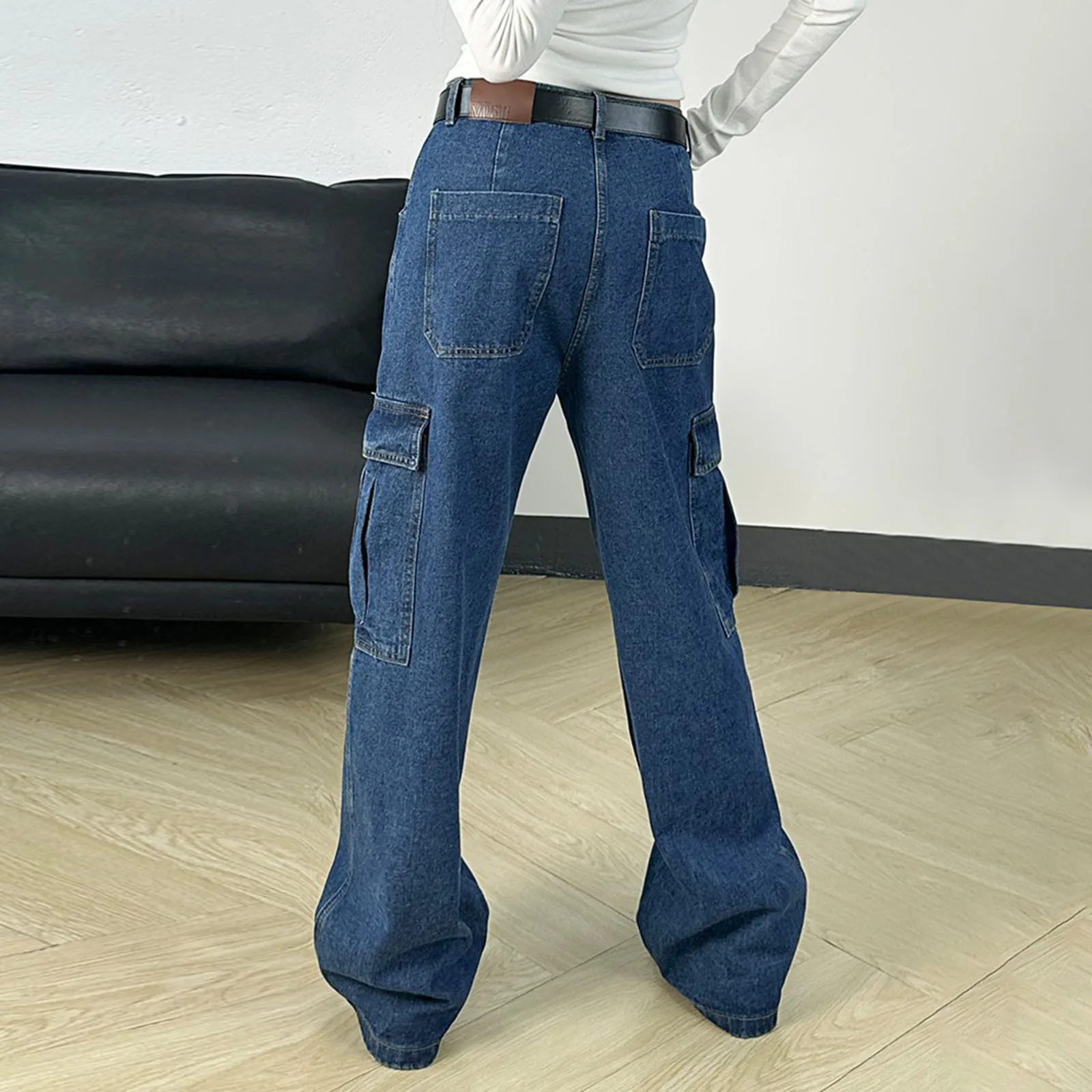 Vintage cargo jeans Koreaanse stijl rechte pijpen casual grote zak ontwerp 2025, nieuwe trendy denim broek vrouw denim broek