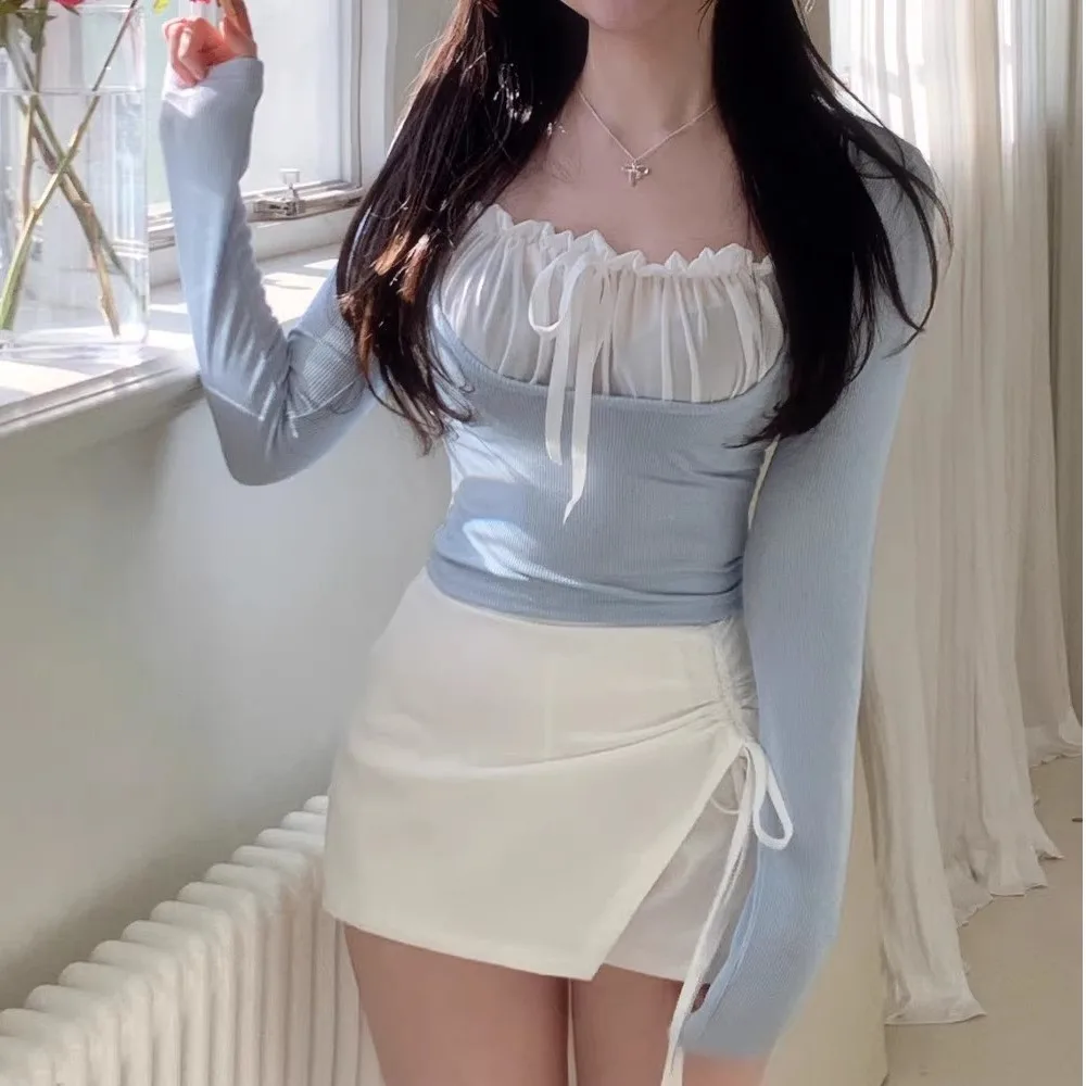 Elegant Slim Fit T-Shirt Women's Spring Autumn Design Color Block Long Sleeve Top with Bow Tie Square Collar  Knot