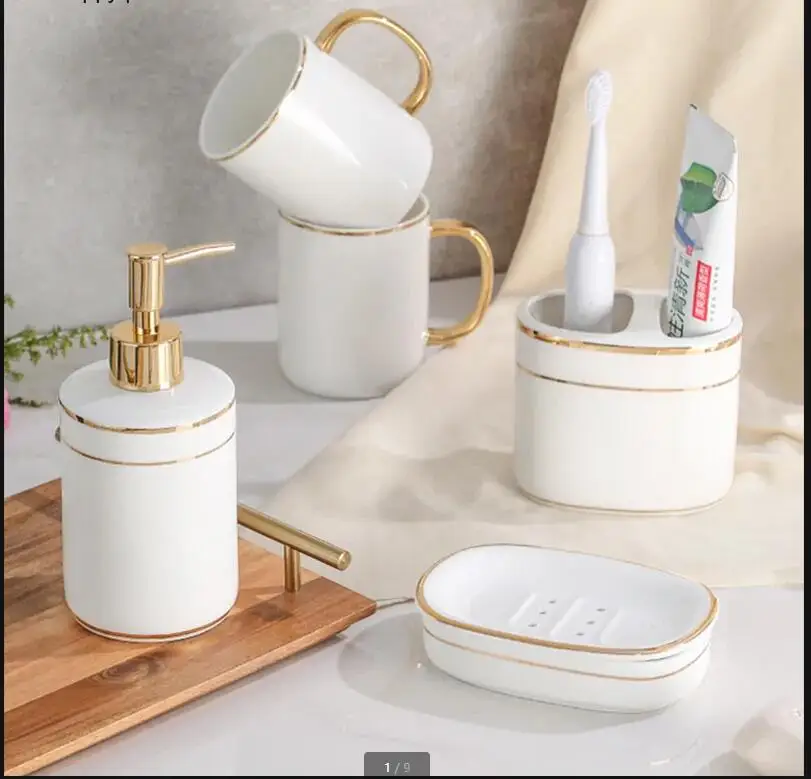 White Ceramic Bathroom Supplies Toiletries Wash Tray Soap Dish Mouth Cup Toothbrush Holder Lotion Bottle