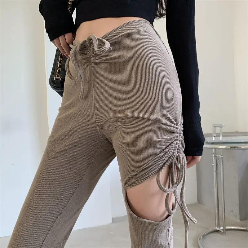 Fashion Personality Breathable Wrinkle-free Draped Harajuku Comfy Streetwear High Waist Hollowed-out Sporty Club Flared Trousers