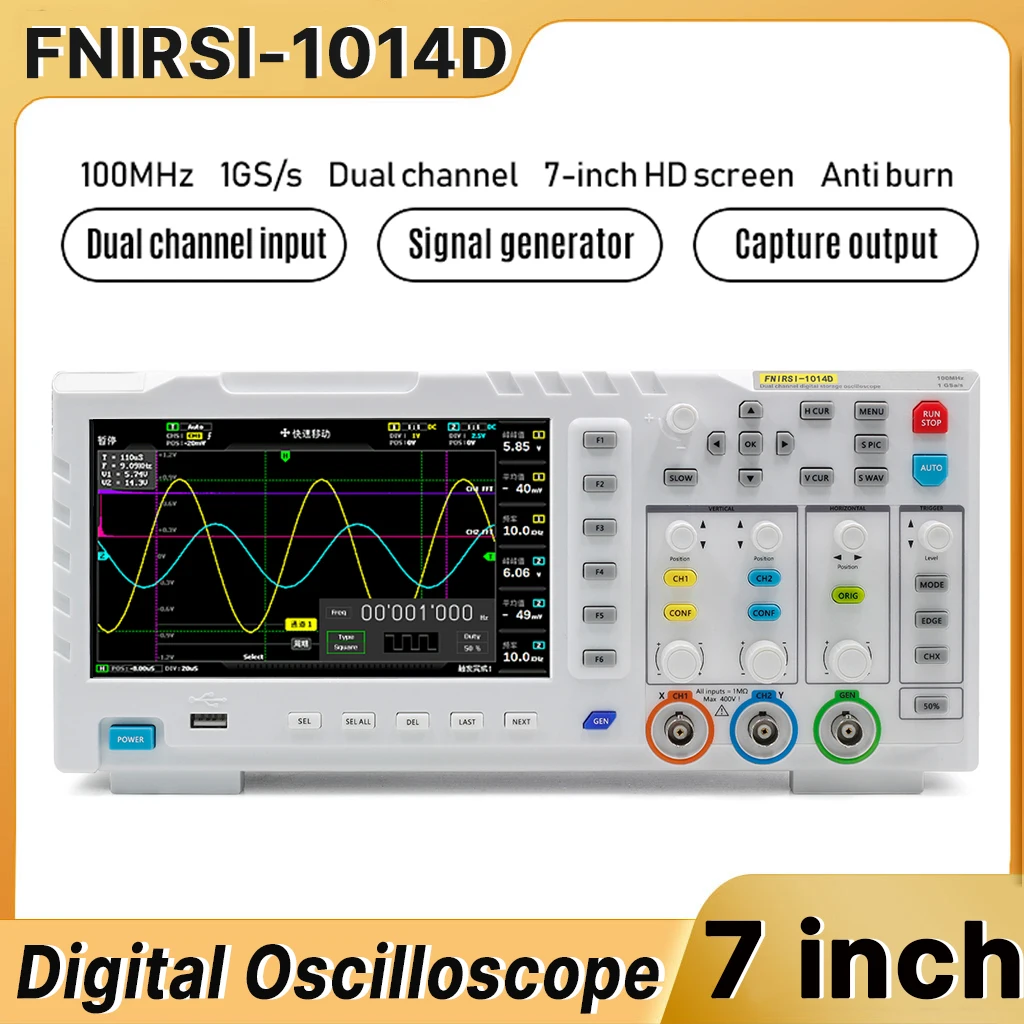 FNIRSI-1014D Digital Oscilloscope 7’’ Screen Dual Channel Input Signal Generator 1GSa/s Sampling Rate 100mhz*2 Analog Bandwidth