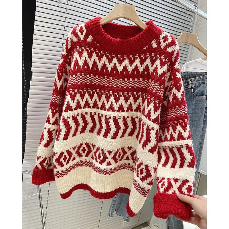 2023 New Autumn and Winter Fashion Simple Round Neck Jacquard Laydown Sweater Vintage Loose Relaxed Women\'s Outerwear Sweater