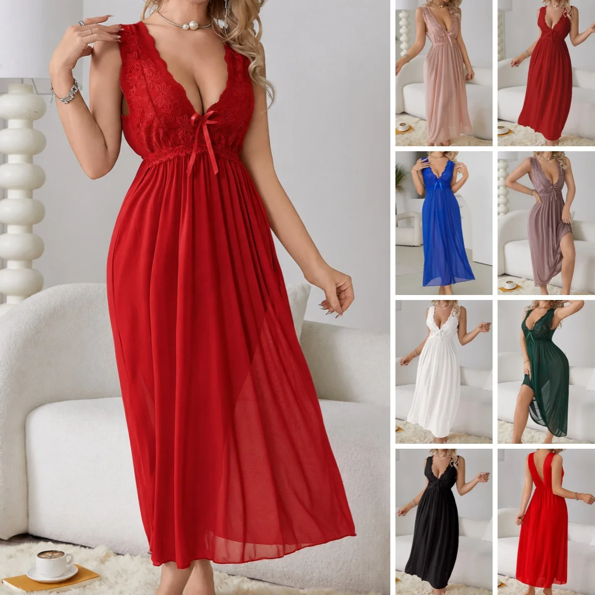 Ladies V Neck Sleeveless Lace Patchwork Night Dress Mesh Splicing Bow Decor Waist Spaghetti Strap Long Sleep Gown