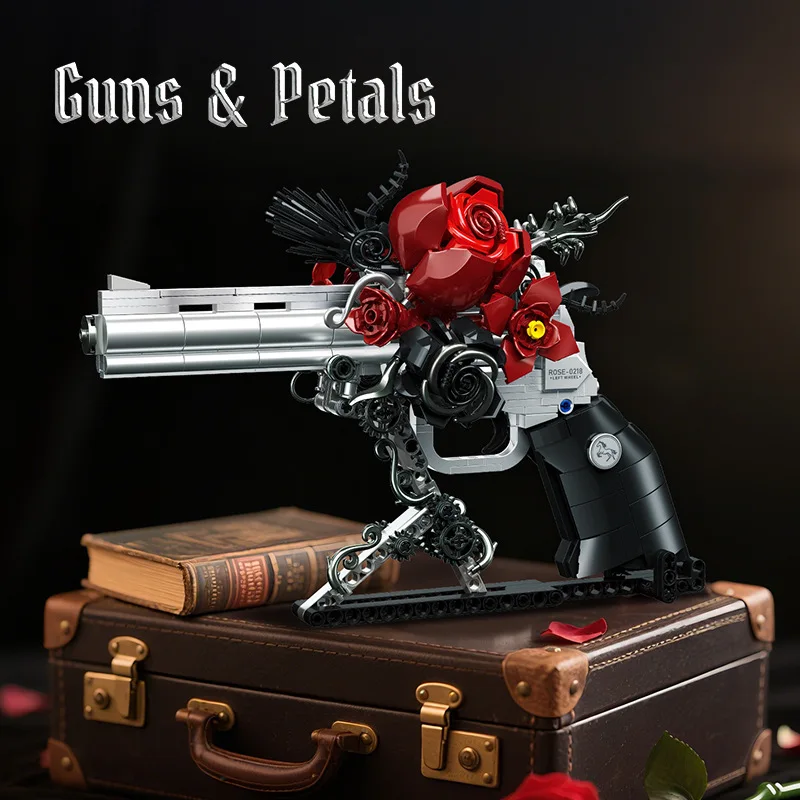 IN STOCK JJ9218 MOC Idea Military Revolver and Roses Building Blocks Bricks Assembling Model Toys for Boys Christmas Gift Sets
