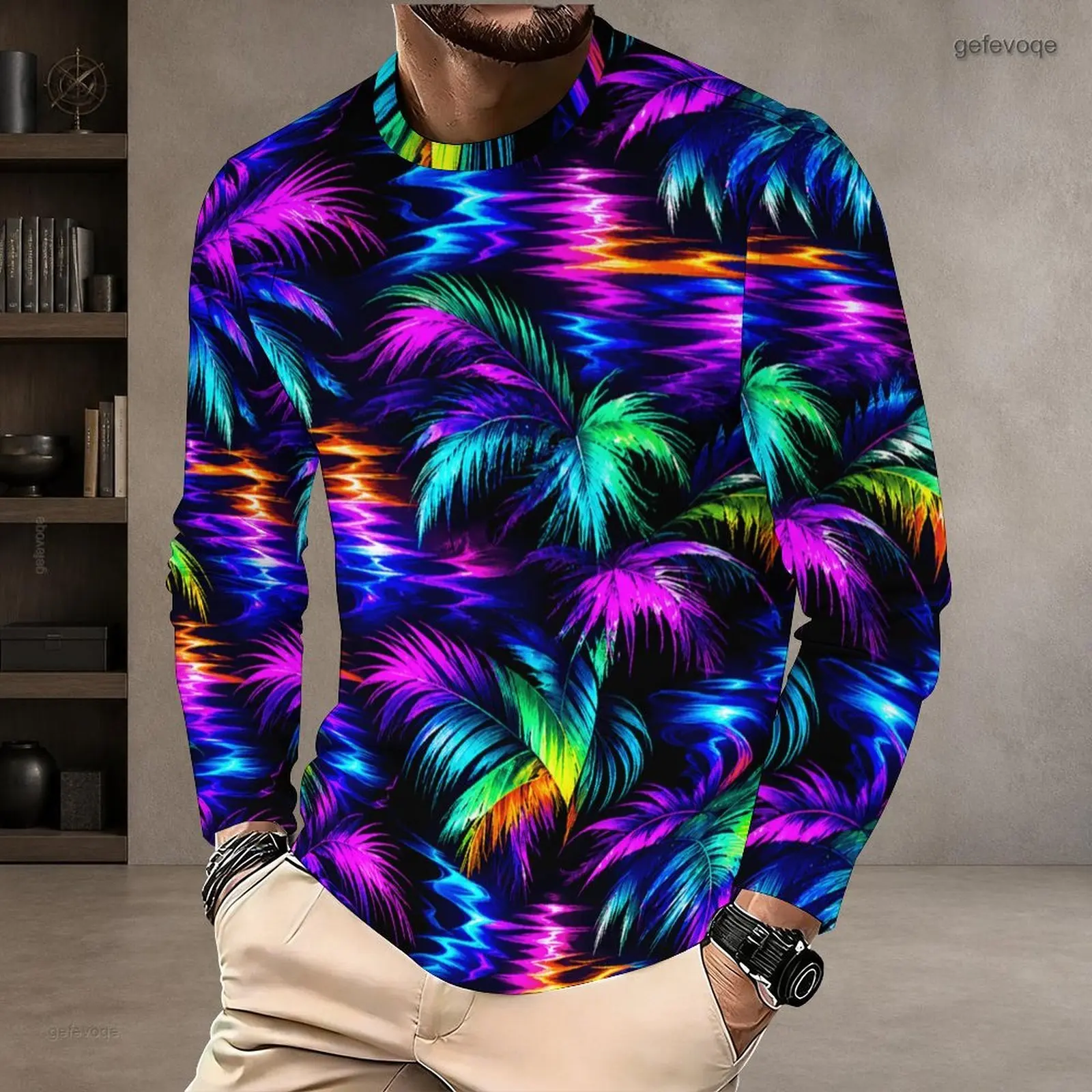 Men All Over Printed Neon Tropical Palm Leaf Round Neck Long Sleeve Pullover T-Shirt