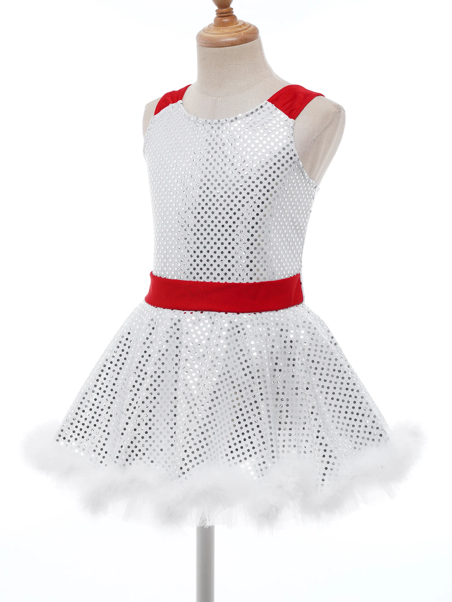 Kids Girls Ballet Dresses Sleeveless Tutu Sequins Dress Red Figure Ice Skating Dress Gymnastics Leotard Christmas Dance Costume