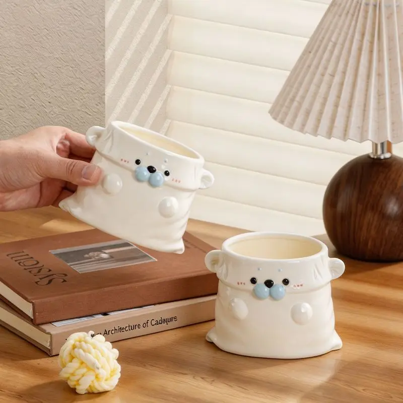 

Adorable Cream White Seal Bag Ceramic Pen Holder and Makeup Brush Organizer for Desk Bathroom Decor Gift