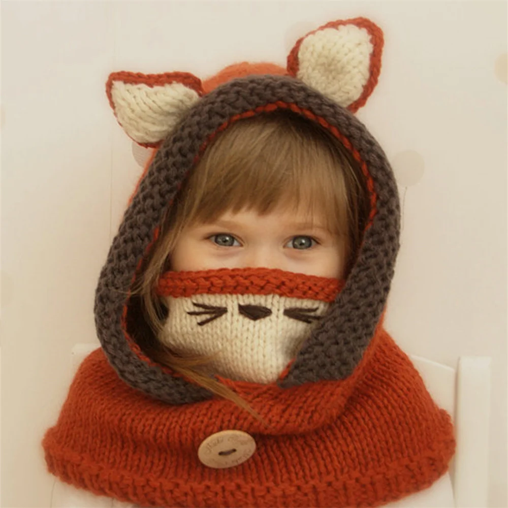 Kids Knitted Wool Cape Fox Cat Wool Hat Hand-Woven Earmuffs Scarf Earflap Hood Caps for Girls