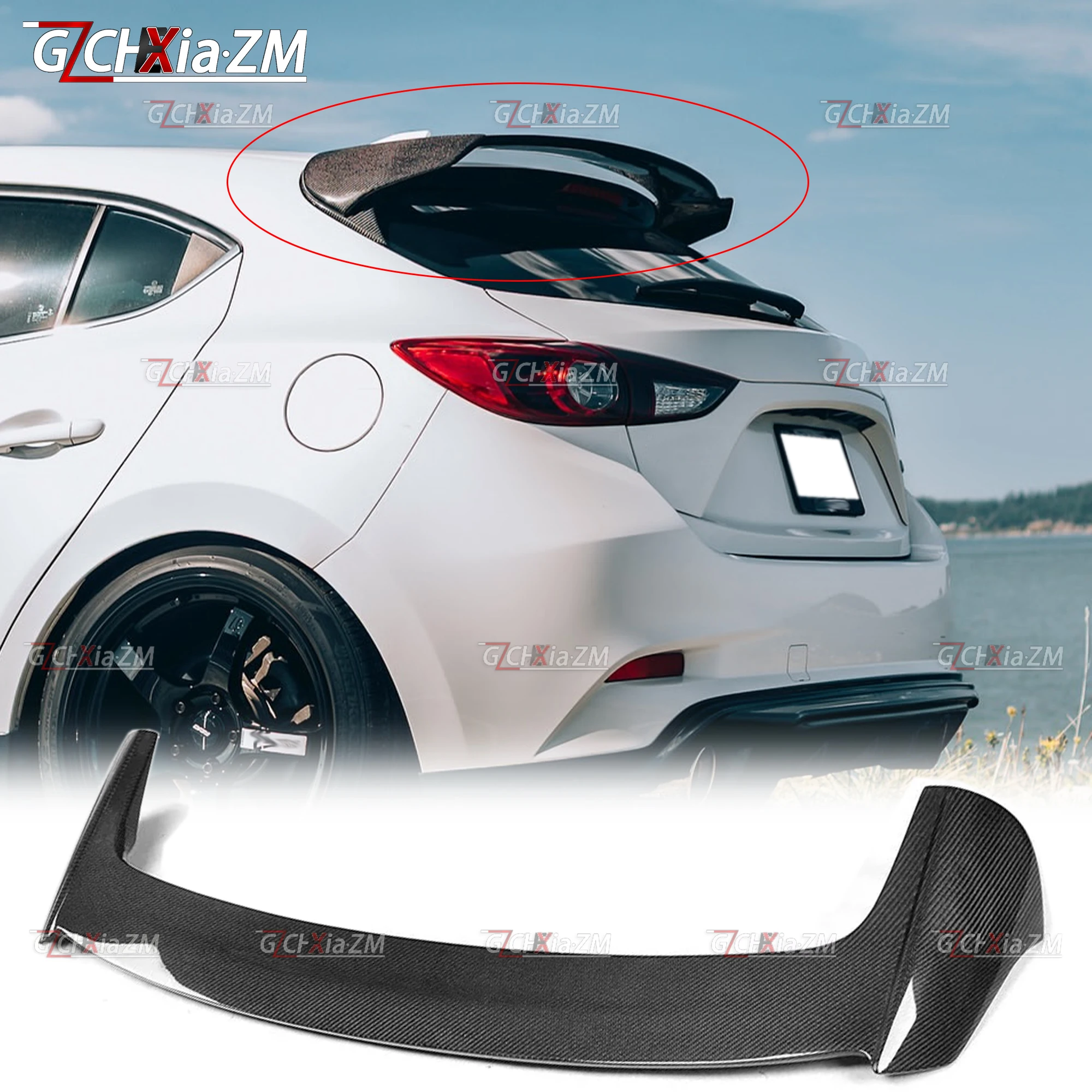 For Mazda 3 Axela Sport Hatchback 4-Door Coupe 2014-2017 Carbon Fiber Rear Roof Spoiler Diffuser Body Kit Rear Wing