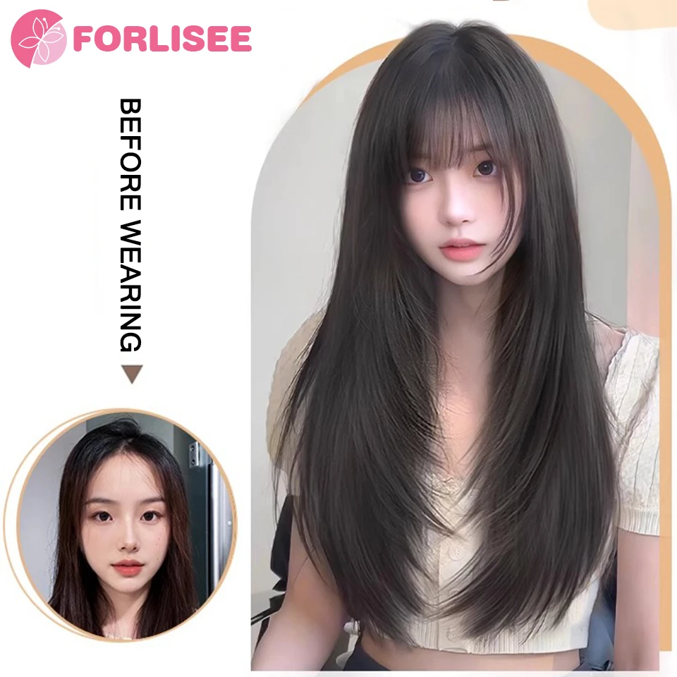 Synthetic Long Straight Layered Hair Wig Clip in Hair Extensions Natural Fluffy Head Top Fake Hair Piece with Bang Clip