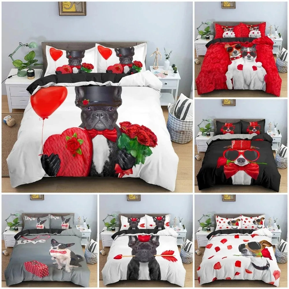 

Cartoon Bulldog Dog Bedding Set Roses Duvet Cover Bedroom Comforter Cover Single Twin King Size Quilt Cover Home Textile