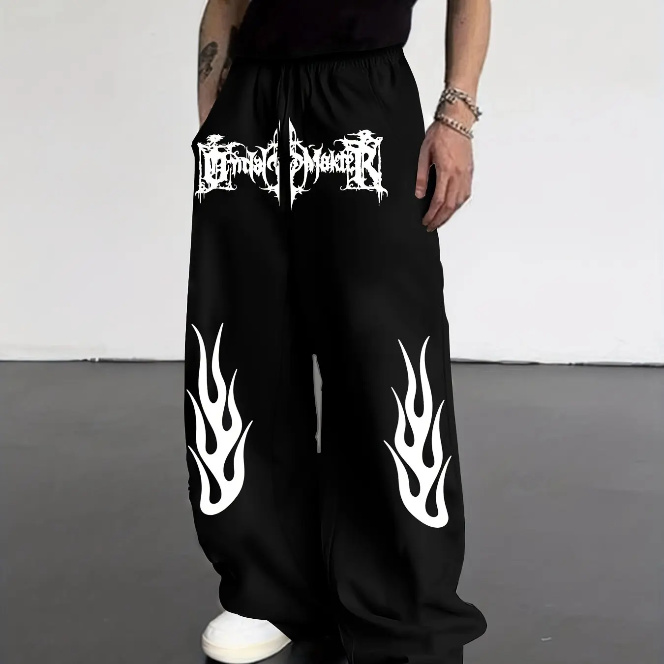 Men's Sports Pants with Unique High Street Flame Print Pattern, Elastic Waistband Tied To Streetwear and Daily Casual Wear