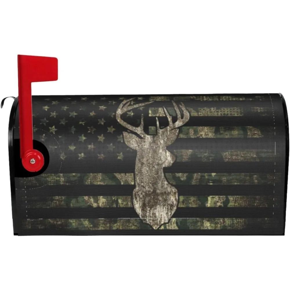 

Retro Patriotic American Flag Deer Mailbox Covers Magnetic Mailbox Wraps Post Letter Box Cover Standard Oversize 21"X18"/25.5" X