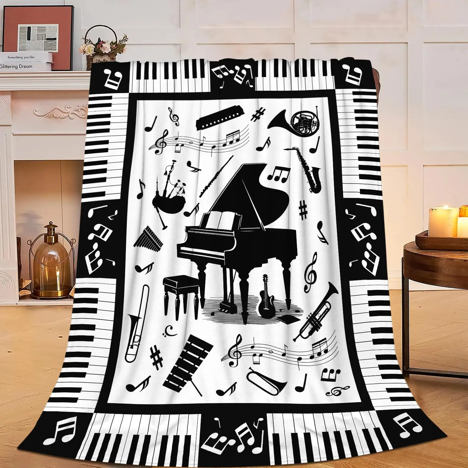 Piano Keys Music Notes Throw Blanket for Boys Girls Soft Cozy Plush Warm Musical Theme Flannel Blanket for Camping, Sofa, Couch