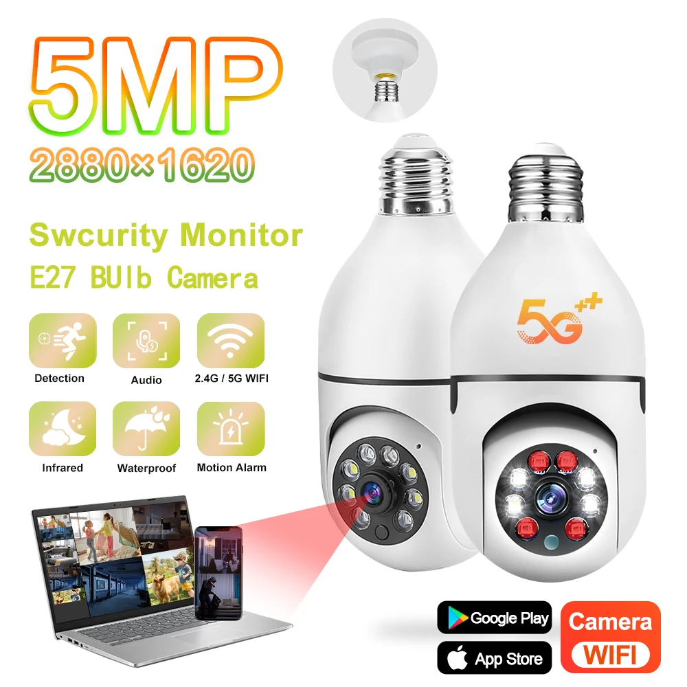 

5G Wifi E27 Bulb Night Vision Camera Surveillance Full Color Automatic Human Tracking 4X Digital Zoom Video Security Monitor Cam