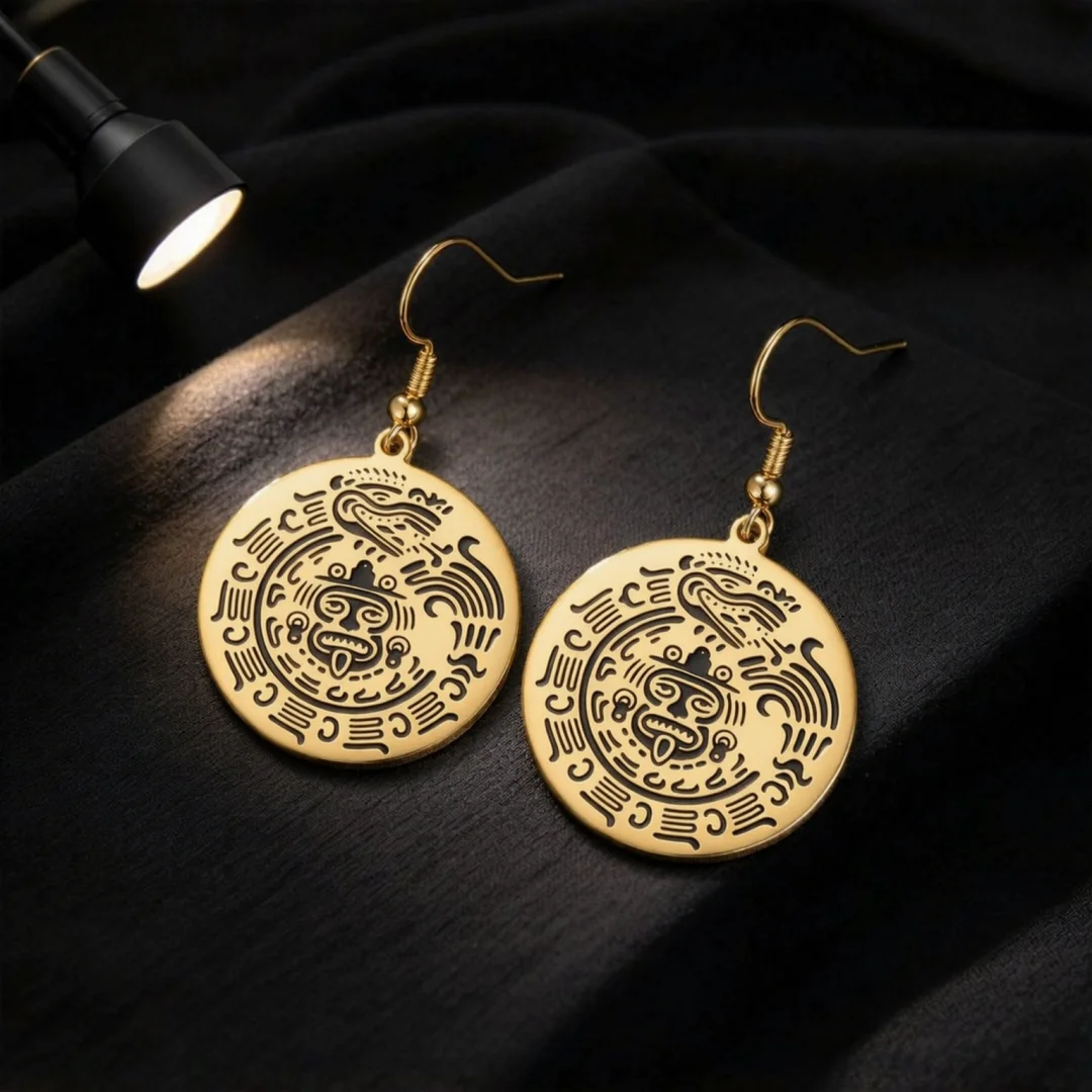 Aztec Sun Stone Earrings Ancient Mexican Tonatiuh Solar Calendar Drop Earrings Stainless Steel Tribal Vintage Amulet Jewelry
