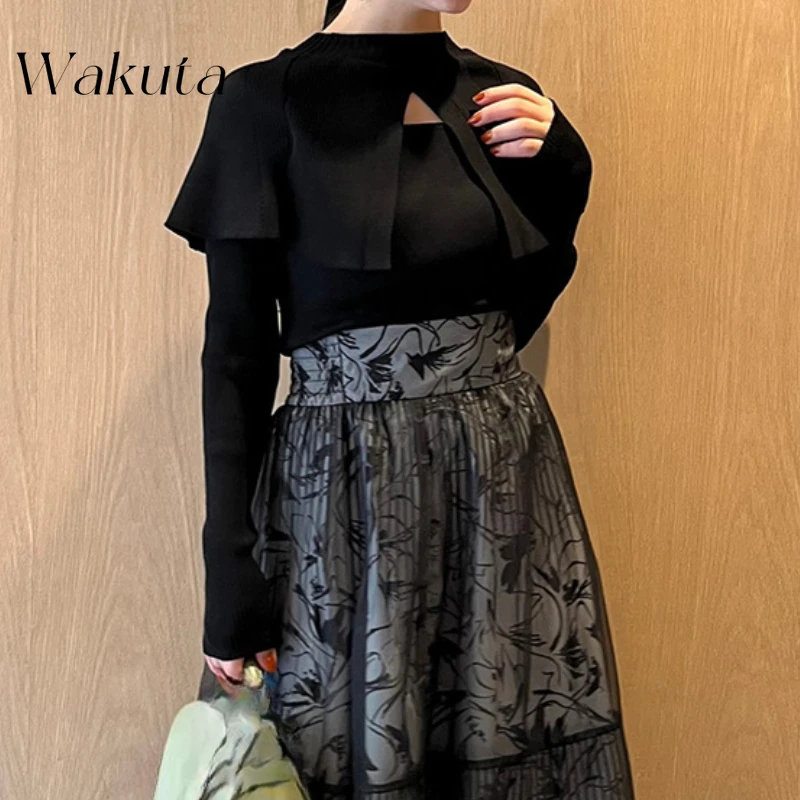 WAKUTA Japanese Spring/Autumn Harajuku Style Lapel Ruffled Shawl Knitted Sweater Retro Urban Women Loose Fitting Pullover Свитер