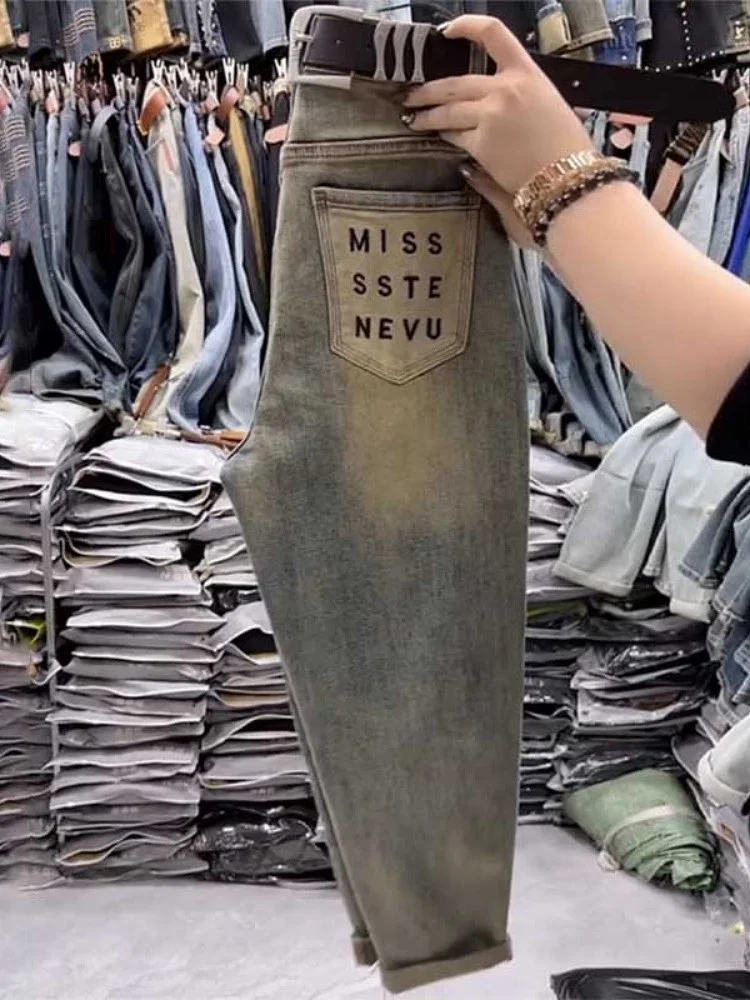 

Прямые джинсы с высокой талией, женские весенние новые брюки Slim Fit, брюки Harlan Dad, девять очков, синие, летние, повседневные