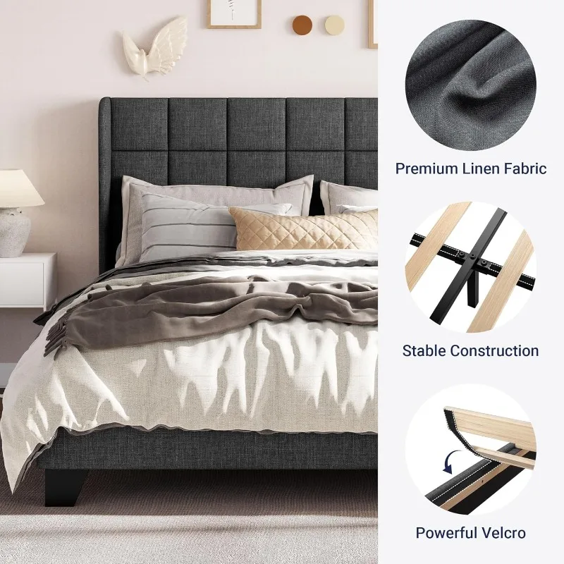 إطار سرير بمنصة بحجم كوين مع جناح خلفي، ولوح رأسي منجد مربع الشكل وشرائح خشبية، مرتبة Fou