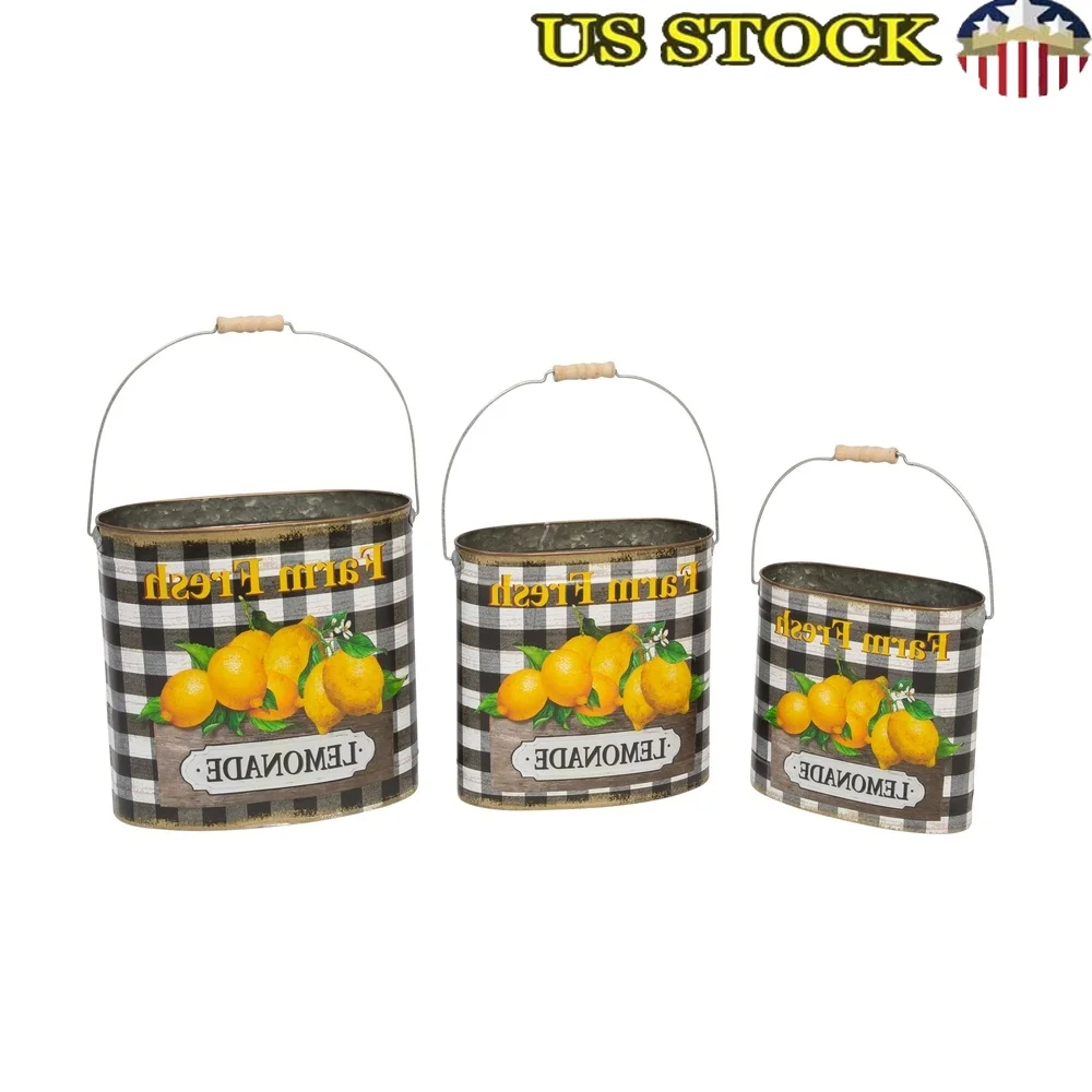 Set of 3 Rustic Nesting Metal Buckets Farm Fresh Lemonade Decorative Storage Ideal Plants Utensils Seasonal Decor