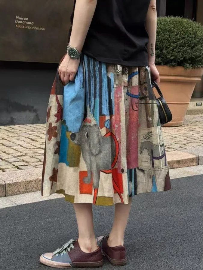 Retro Style A-Line Midi Skirt Women's Cotton Linen Double Layered Full Flounce Casual Vintage Artistic Autumn New Arrival
