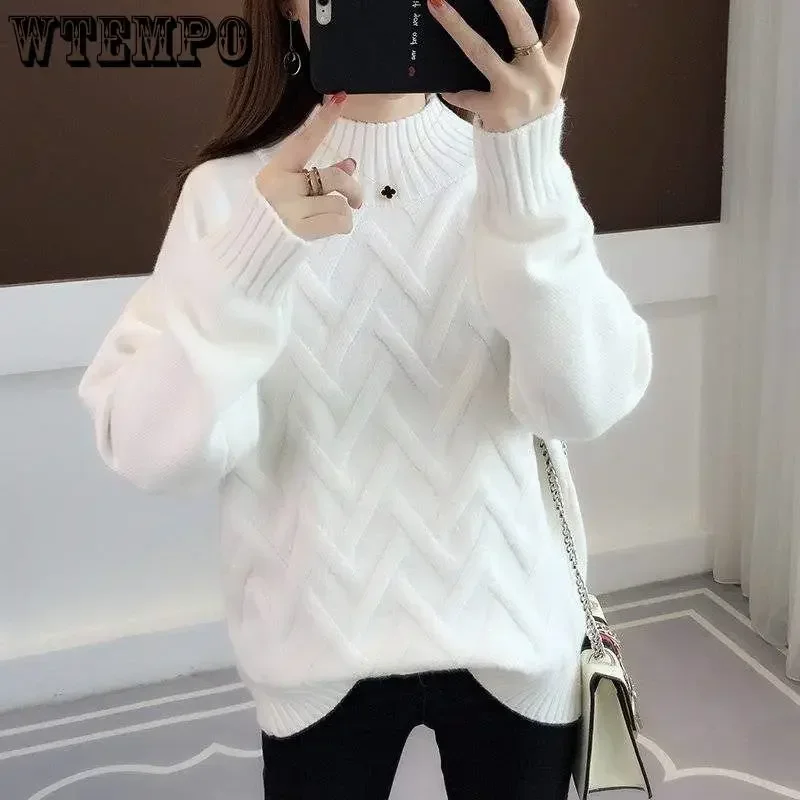 WTEMPO Women Long Sleeve Knitted Sweater Winter Fall Pullover Jumper Casual Loose High Half Neck Soft Comfortable Knitting Tops