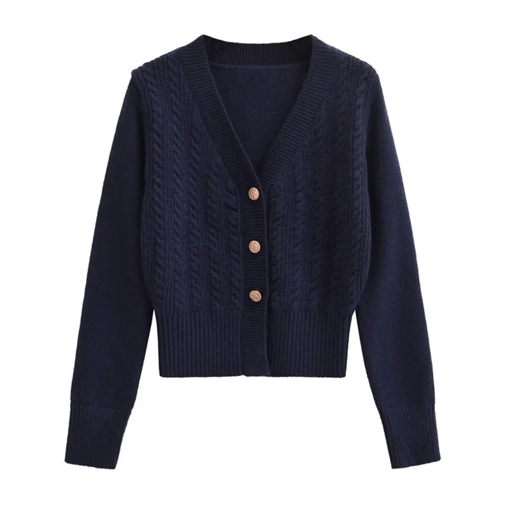 

Women's Korean Style V-Neck Single-Breasted Slim Fit Cardigan Electric Embroidery Logo Twist Knitted Sweater for Autumn