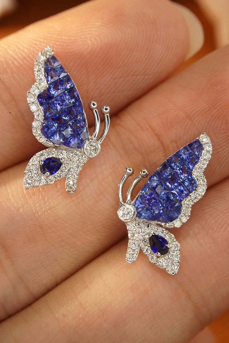 LUOWEND 100% 18K White Gold Earrings Women Elegant Butterfly Design Shiny Diamond Natural Sapphire Earrings High Party Jewelry