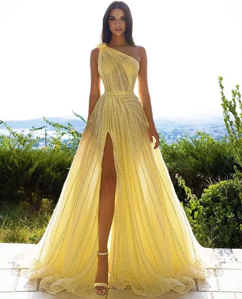 Sumnus Yellow Prom Dress Glitter One Shoulder Sequined Tulle Side Split Sexy Party Gowns A Line Dubai Arabia Evening Dress