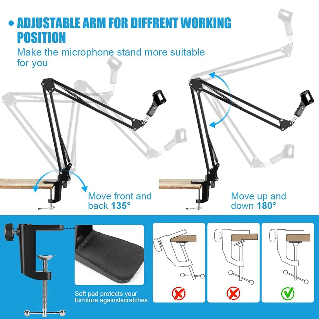NALFI-Microphone Stand,Adjustable Desk Suspension Scissor Arm Mic Boom Arm For Blue Yeti,Snowball&Other Mics,Recording,Games