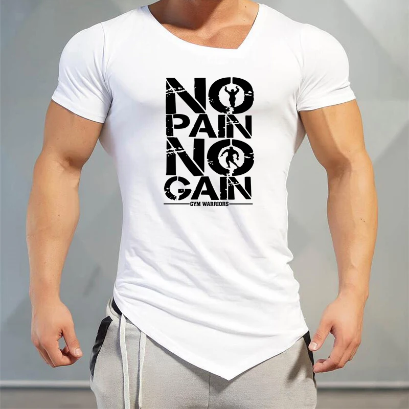 Men Fitness Cotton V-neck Slim Fit Breathable T-Shirt Irregular Hem Short Sleeve Casual Shirt Gym Bodybuilding Training Clothing