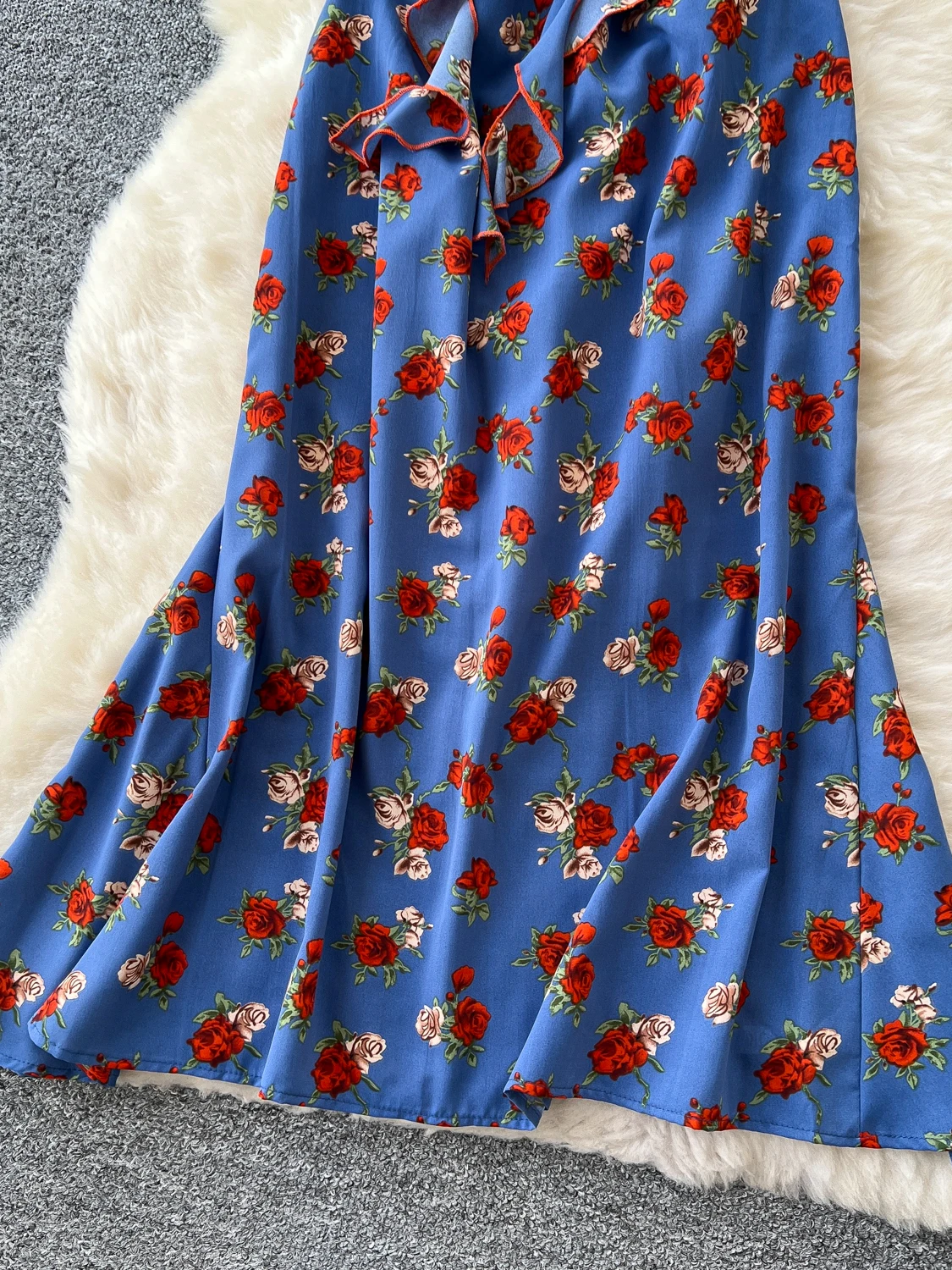 레트로 플로럴 프린트 여름 원피스 여성 A라인 미디 스커트 하이웨이스트 주름 어깨 원숄더 플리츠 피쉬테일 드레스