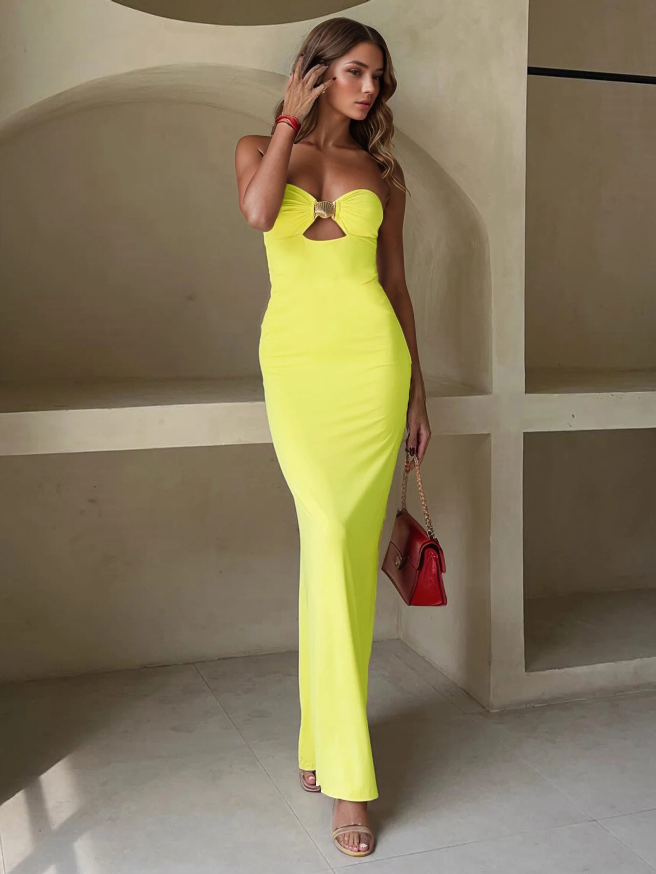 Sexy Strandkleid für den Urlaub, einfarbiges, plissiertes, rundes, trägerloses, ärmelloses Kleid, Frühling/Sommer Damenbekleidung – Detail 3