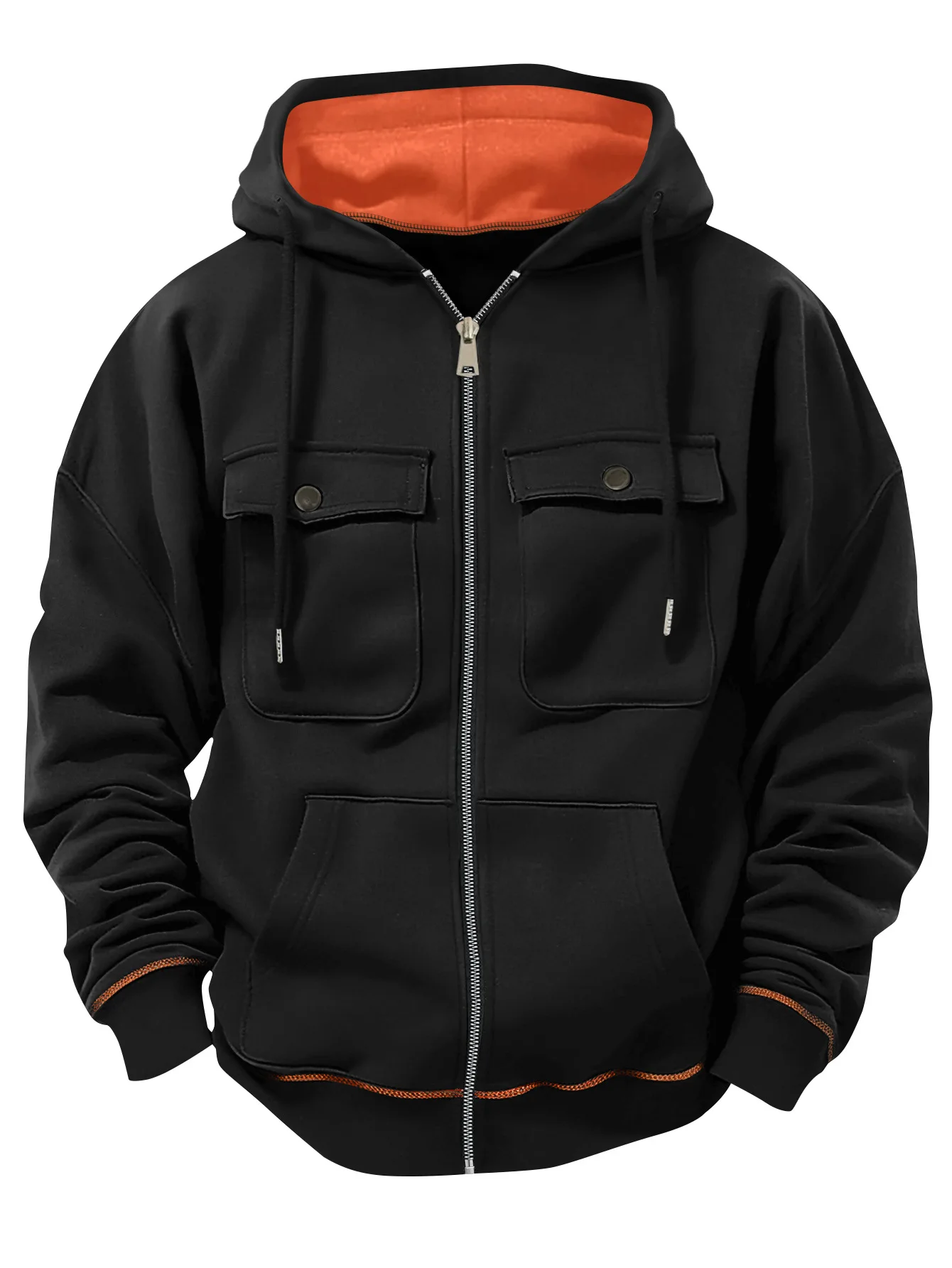 

Autumn and Winter New Hoodies Trendy Multi pocket Men's Wool Hooded Jacket Warm Oversized Casual Color Blocked Zipper Hoodie