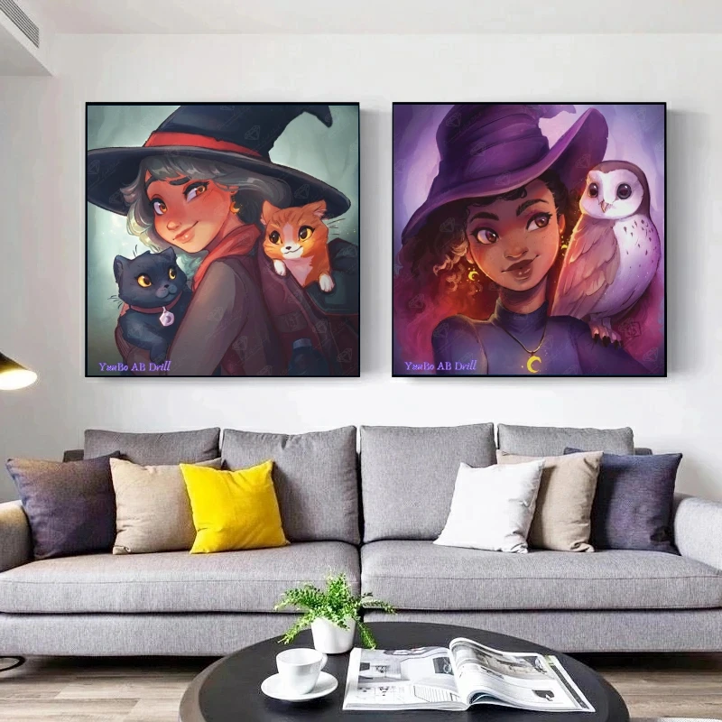 

Cartoon Witch Girl with Cat DIY AB Diamond Painting Owl Animal Art Home Decor Picture Embroidery Cross Stitch Mosaic Craft Gift