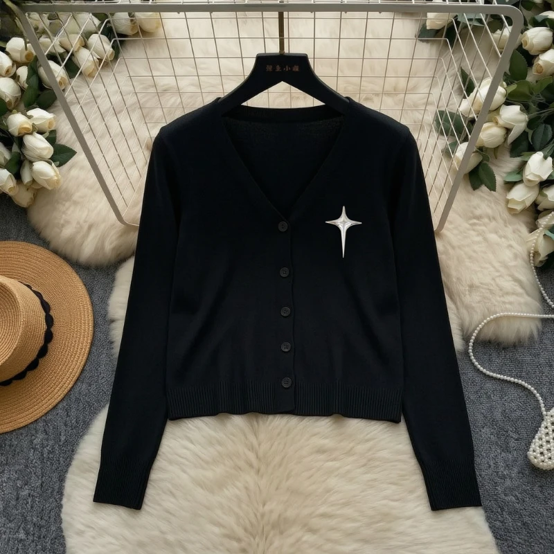 Women Elastic Solid Knit Cardigan Sweater V‑Neck Star and Button Long Sleeve Cropped Casual Ladies Soft Fashion Outerwear Top