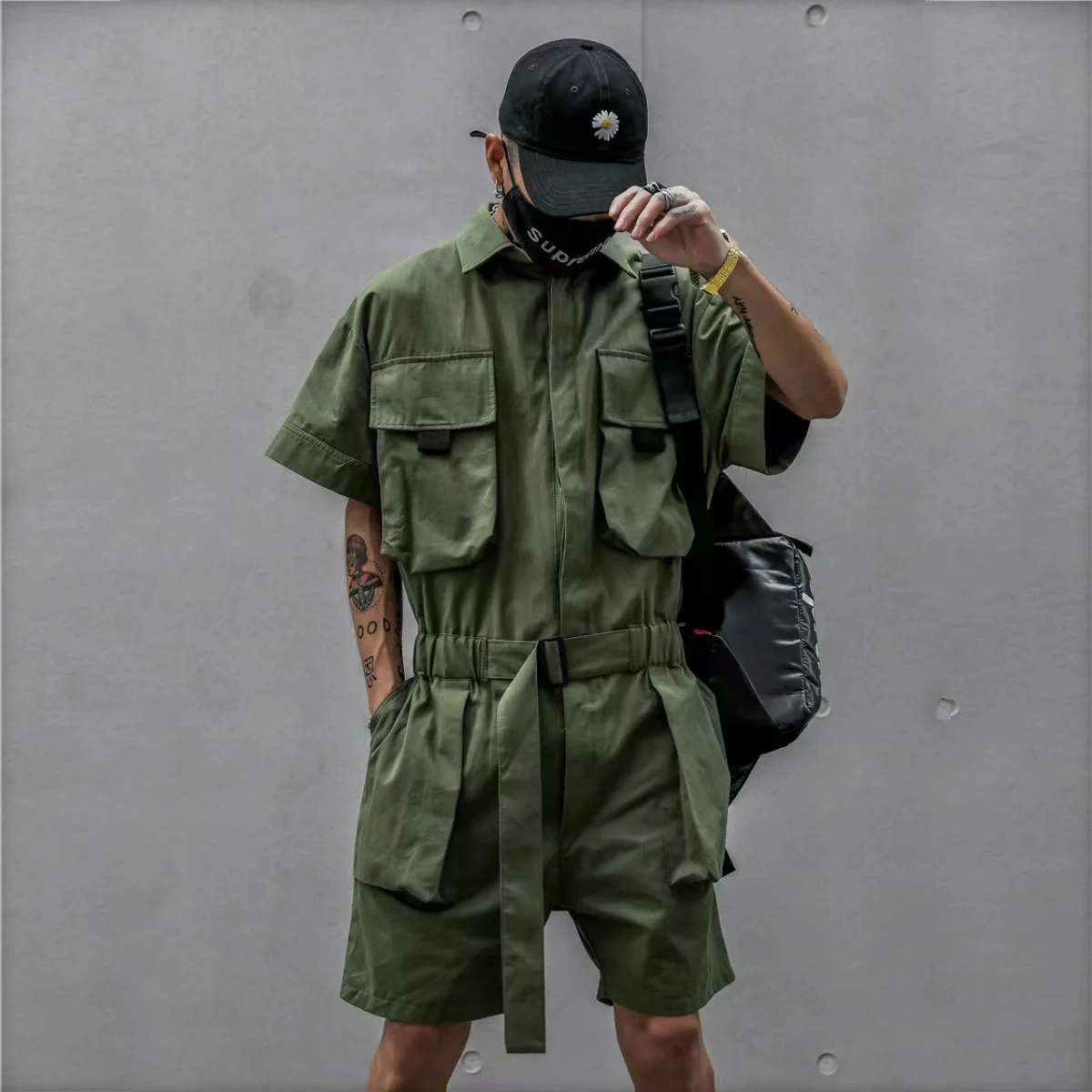 2024 Summer New Men\'s Japanese Short sleeved Shorts jumpsuit Set Trendy Retro Work Style jumpsuit Loose Set Ultra Thin Ice Silk