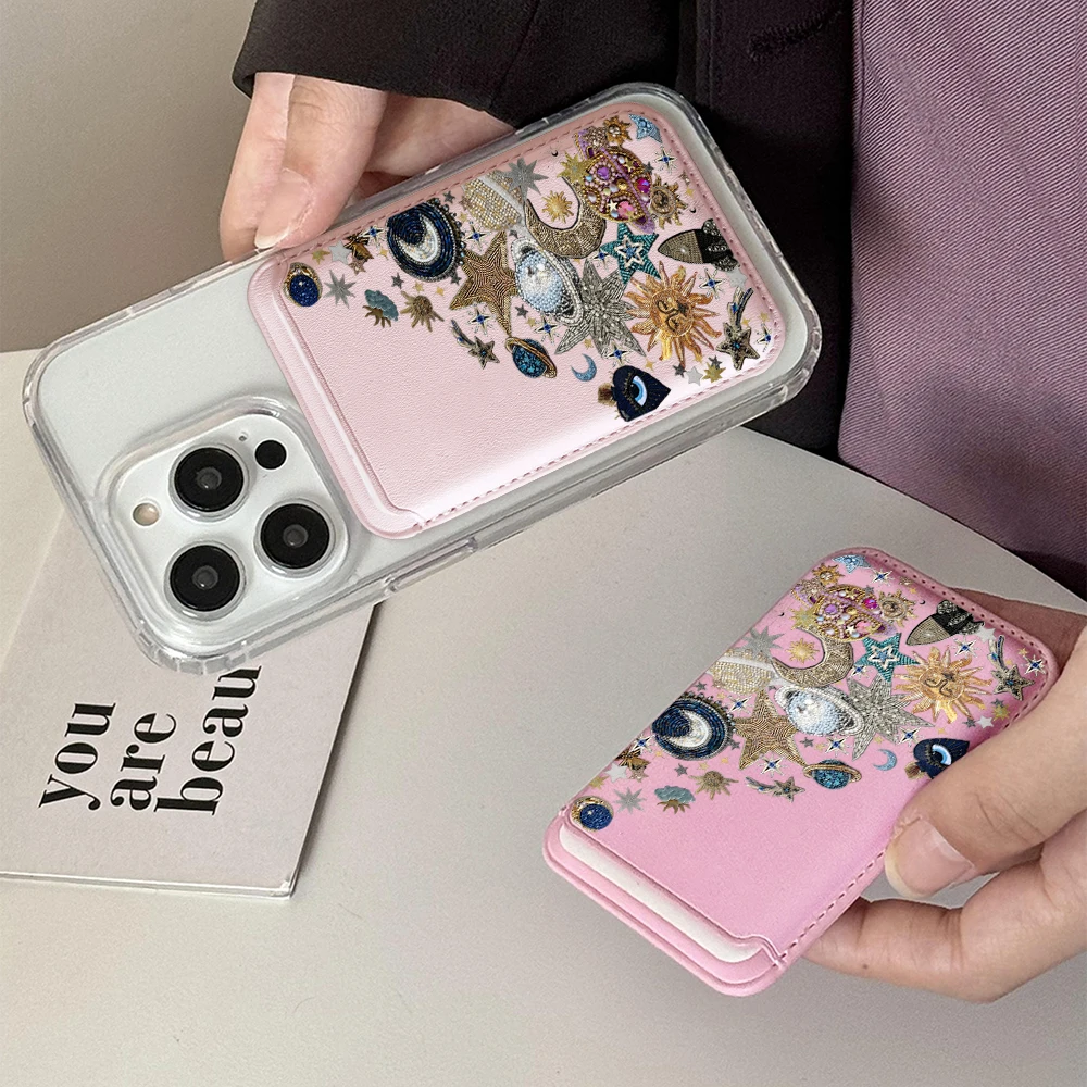 Golden Stars Moon Y2K Leder-Kartenetui Handyhülle Kartenhalter Magnetische Hülle Geeignet für alle iPhones mit Magsafe-Kartenfunktion – Detail 2