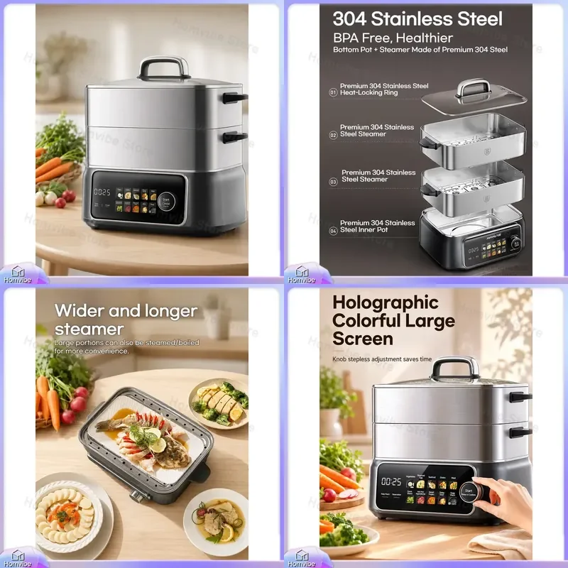 

Electric Food Steamer 13.5L Double Layer 2100W Fast Heating Multifunctional Steam Cooker for Kitchen Breakfast Maker