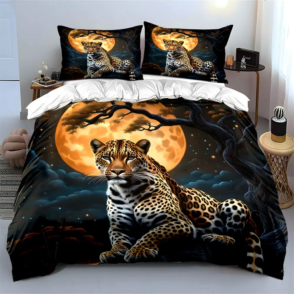 Leopard and moonlit night sky Print Soft Comfortable Duvet Cover Bedding Set Included 1*Duvet Cover  2*Pillowcases