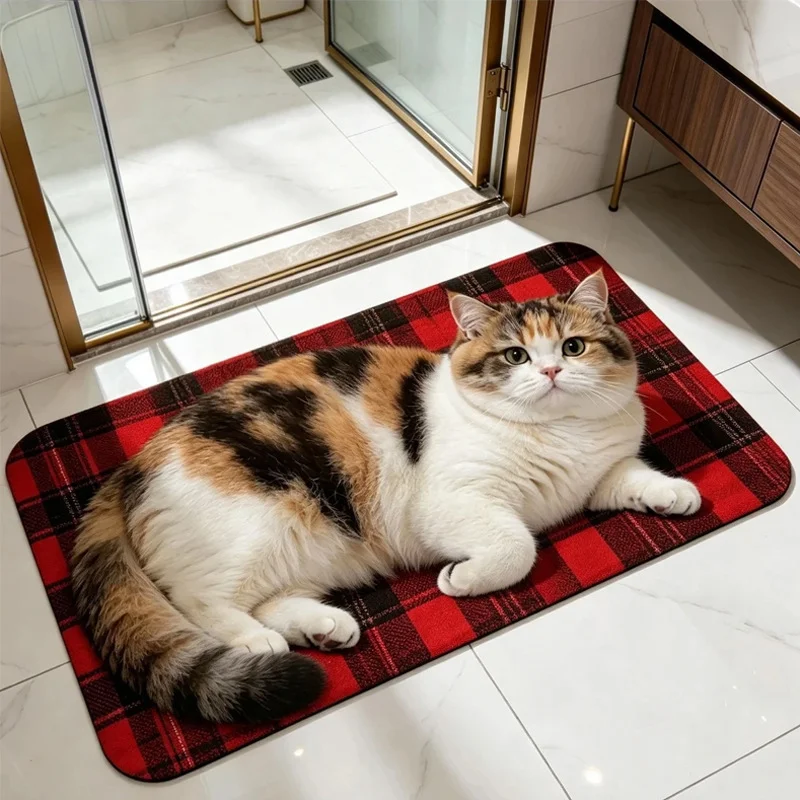VIKAMA Pet Door Mat Absorbent Chubby Cat Buffalo Plaid Kitten Welcome Rug Entryway Floor Mat Home Decor Living Room Decor