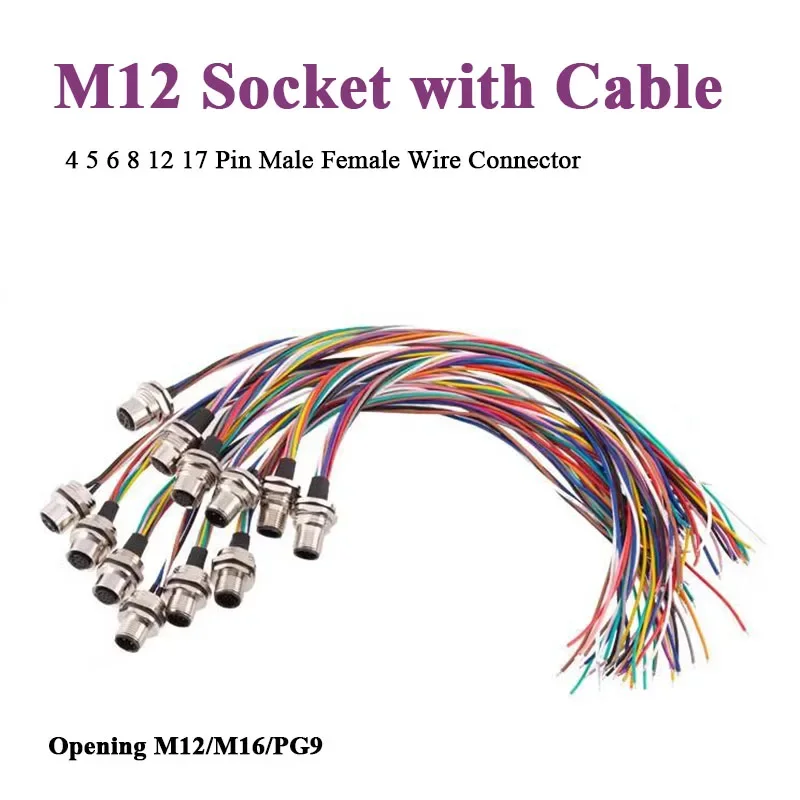 M12 4 5 6 8 12 17 Pin Socket with 30CM Wire Waterproof Male Female Connector Opening M16 M12 PG9 Panel Rear/Front Wire Plug
