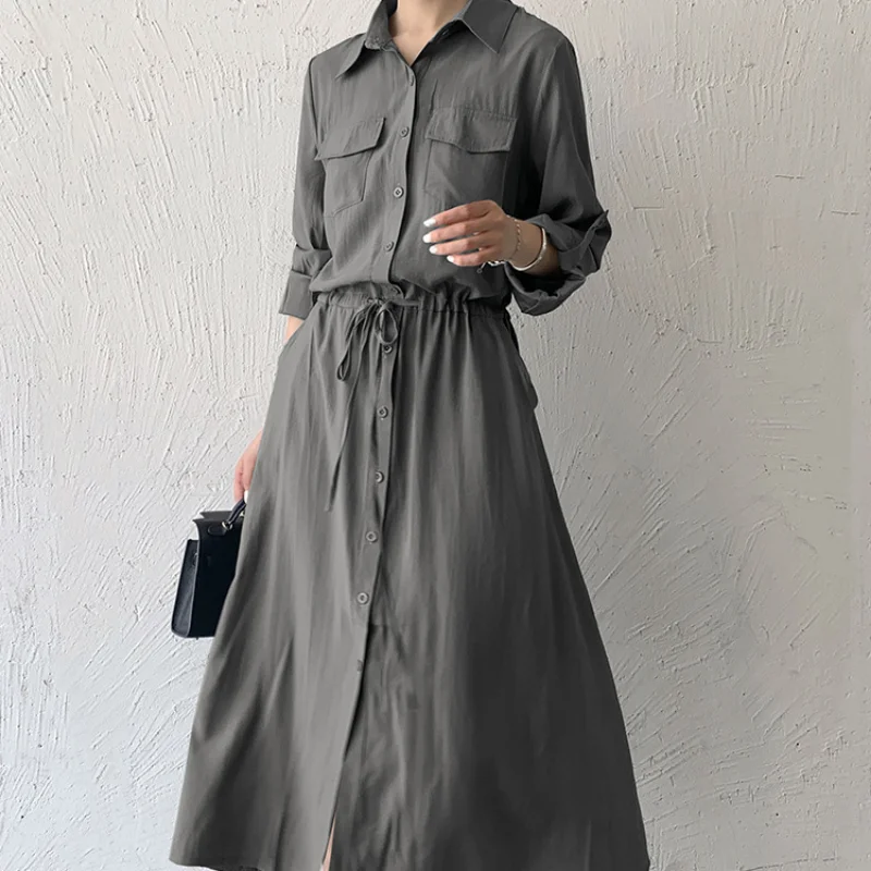 Matakawa Shirt Dresses for Women Solid Long Sleeve Japan Style Elegant Vestidos A-line Simple Fashion Casual Long Dress Vintage