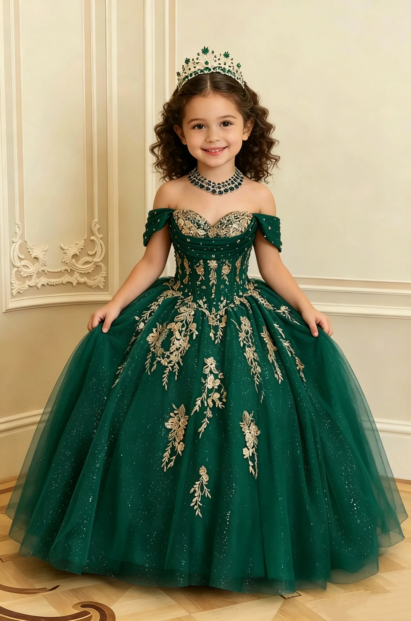 Custom Gold Applique Flower Girl Dress with Pleats, Bows, and Bead Embellishments, Off-Shoulder Children's Pageant Dress