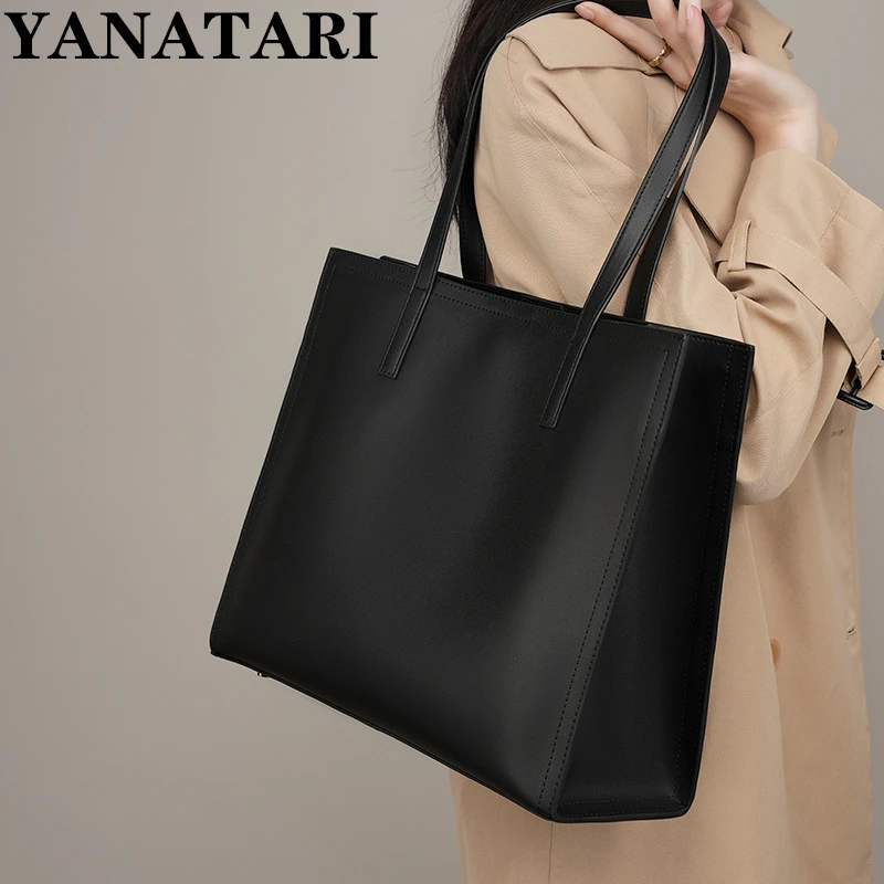 YANATARI NEW Large capacity tote bag Luxury Briefcase Leather business laptop bag Black shoulder bag Simple cowhide handbag