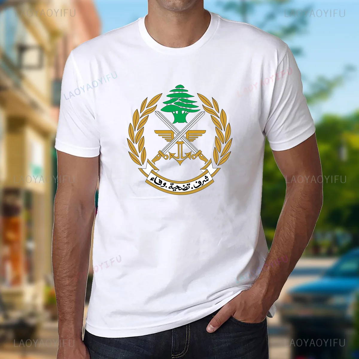 Vintage Tshirt Men Lebanese-Armed-Forces Badge Print Tops Classic Camisetas Graphic T Shirts Cotton Tee Streetwear Fashion