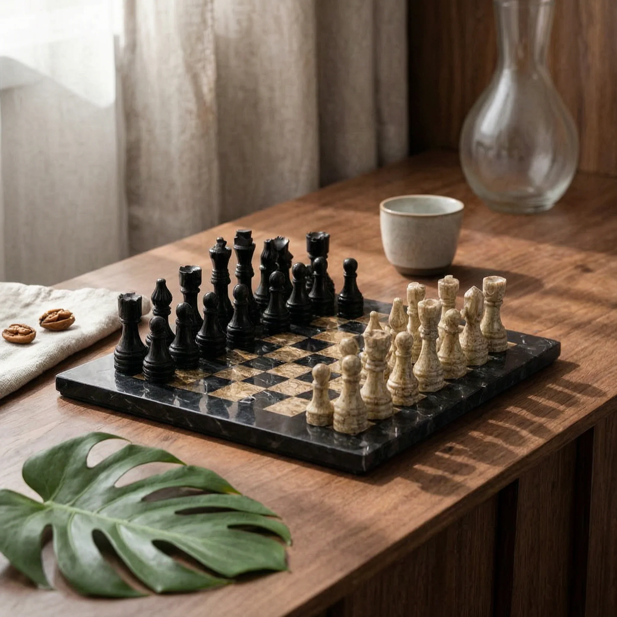 Chess Ornament with Chessboard Base Decorative Stone Chess Ornament Tabletop Sculpture Compact Decor Matte for Collectors, Study