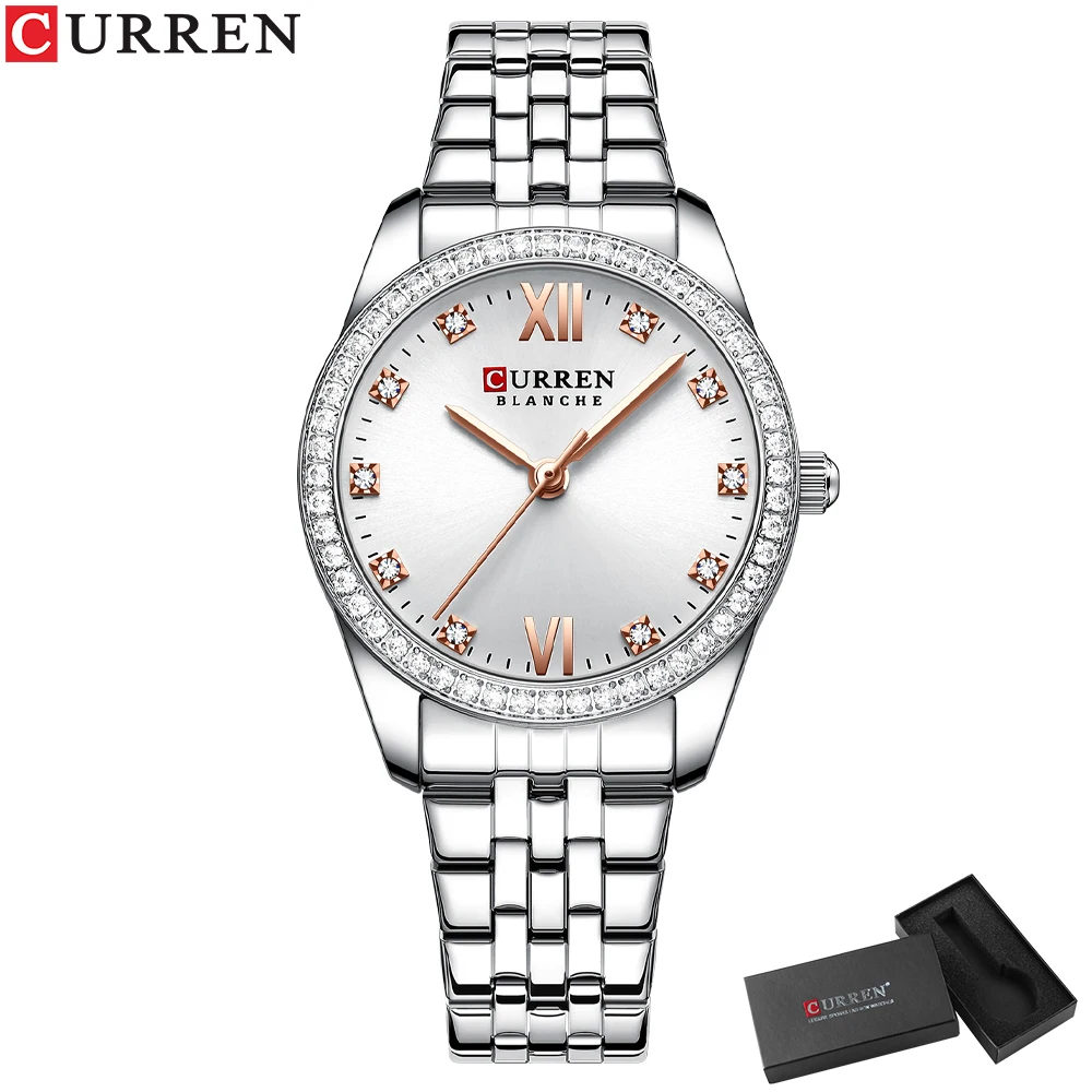 Curren klassische einfache Edelstahl Quarzuhren für Frauen Rose Zifferblatt mit Strass charmante Armbanduhren 3
