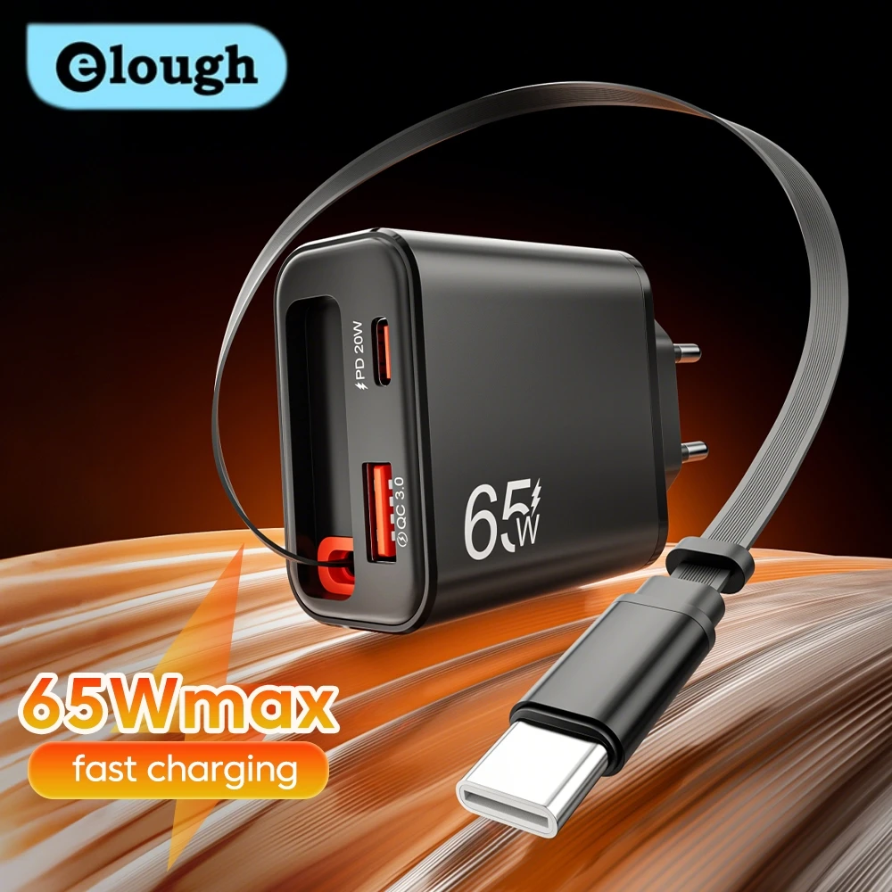 

Elough 65W Expansion Cable Type C USB Phone Charger With Telescopic Type C Cable For iPhone 17 16 Xiaomi USB C Charger Adapter