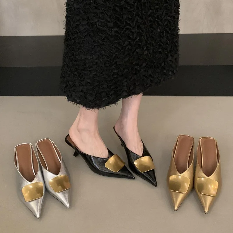 Maogu Luxury Slides Pointed Toe Ladies Shoes Summer Fashion Footwear Thin Mid Heels Shoe Slides Slippers Women 2025 Chain Mules